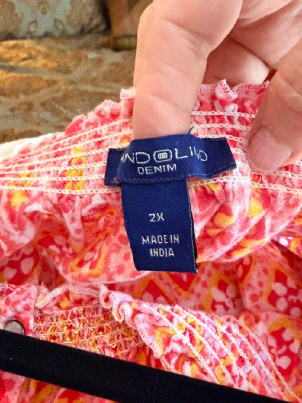 Indigo Moon Denim 2X Boho Peasant Top Coral Pink Mixed Print Smocked Plus Size - Picture 2 of 7